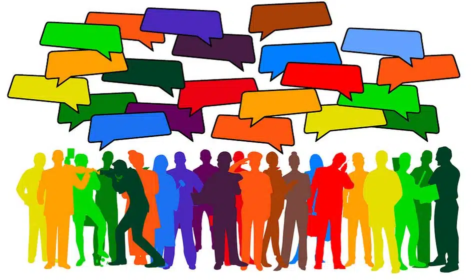 stylised image of people and speech bublles